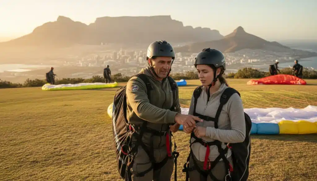 Paragliding instructor briefing a passenger