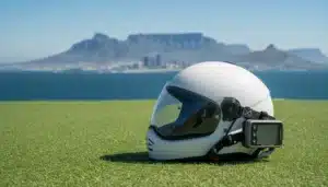 Close-up of a paragliding helmet and variometer on a launch pad overlooking the ocean.
