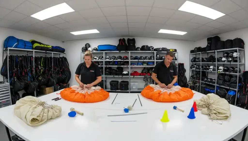 Two technicians meticulously repacking a bright orange reserve parachute in a workshop.